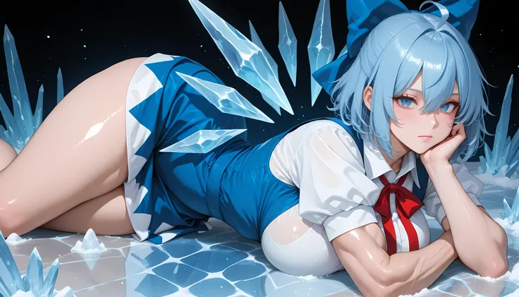 masterpiece, best quality, amazing quality, hyper-detailed, newest, very aesthetic, 1girl, photo posing, , large breasts, large thighs, diffused light, absurdres, highres, hd particles, zzCirno, blue eyes, hair between eyes, ahoge, blue hair, hair bow, sho...