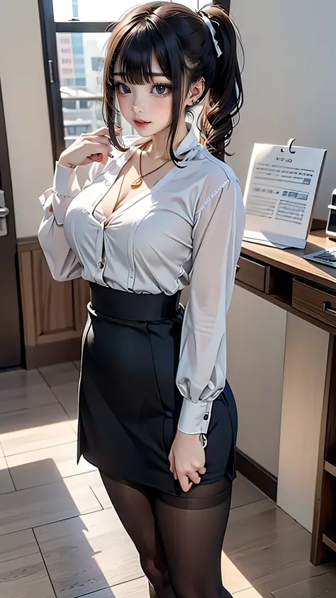 High Definition, Masterpiece, Top Quality, 8k, Company, Laptop, One Girl, Angry, Brown Hair, Short Curly Hair, Ponytail, Mature Woman, Office Lady Outfit, Office Lady Outfit, Pantyhose, Dildo in Pantyhose, Nameplate, Earring, Necklace, Sideways Shot, Holdi...