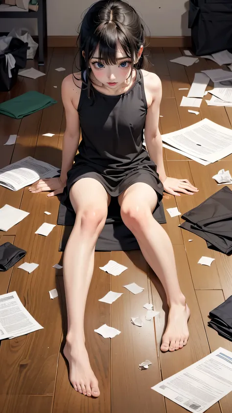 The whole body is covered in oilで光沢感がある Tear up tissue paper rolled up, Crumpled tissue paper, A small piece of crushed tissue paper that fell to the ground, Excessive sweating on the face,Sweat dripping down,Sitting on the bed, Stained duvet Very old gym...
