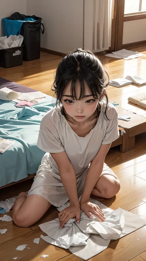 The whole body is covered in oilで光沢感がある Tear up tissue paper rolled up, Crumpled tissue paper, A small piece of crushed tissue paper that fell to the ground, Excessive sweating on the face,Sweat dripping down,Sitting on the bed, Stained duvet Very old gym...