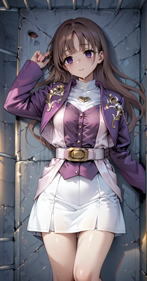 (高精細CG), (best quality), in jail,1 girl, perfect face,  wide hips,  Slim waist,  , purple bolero jacket,white skirt,long sleeve, Pink Belt,   straight and long hair , brown hair, ((( empty eyes ))),crying,opening like a circle,lying on the ground on your b...