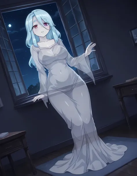 {Ghost Woman}:(mature woman, adult woman, woman wearing a long white dress, transparent body, translucent body:1.2, ghost body, shadowless body, transparent whole body:1.2, ghost effect on woman's body, woman with short light blue hair, woman with red eyes...
