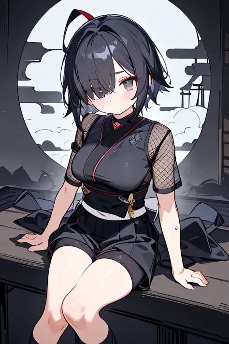 NINJA WIND,,((Hair covering one eye)),Mysterious Atmosphere, natural body,(Ninja costume, mesh short sleeve+shorts) socks,(slender figure,marshmallow breasts ,),Clear Skin,beautiful black hair,well-groomed face,middle school students,Fair skin,Japanese fac...