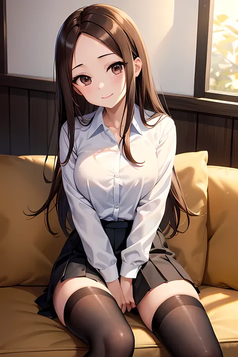 takagi-san、shiny brown hair, long hair,((medium breasts、amount、center part))、 beautiful brown eyes、smile、Sparkling Eyes, (fine grain)、very pretty eyes、extremely detailed face, very detailed eyes, cowboy shot、
best quality、masterpiece、high sensitivity、hi...