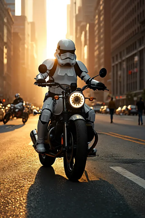 Hyperrealistic photograph, cinematic style: A Star Wars Stormtrooper soldier rides a rugged BMW Scrambler motorcycle down the asphalt of a New York avenue. He is surrounded by the imposing architecture of Manhattan skyscrapers. The scene is bathed in the w...