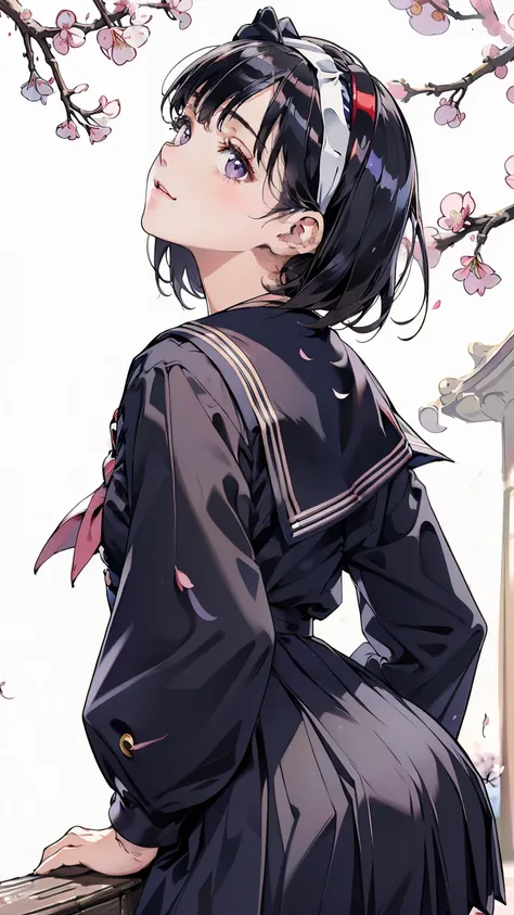 sailor suit, one woman, (Delicate schoolgirl:1.4), 8k, best quality, masterpiece, very well detailed, ultra high resolution, realistic, RAW photos, absolute resolution, black hair, Straight hair small face compared to body、under a cherry tree, very small ...