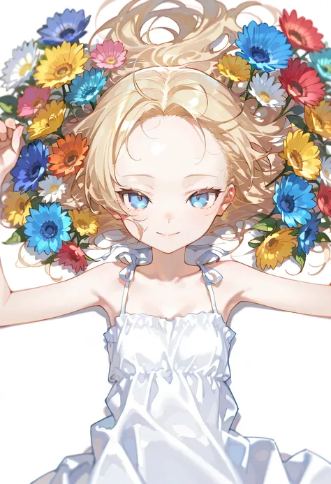 {{{masterpiece}}}, {{{best quality}}}, {{ultra detail}}, {illustrations}, {{very delicate and beautiful}},1girl,,,very long blonde hair,blue eyes,pale skin,detailed beautiful eyes,(small eyes:1.1),(forehead:1.2),messy hair,,A garden filled with beautiful f...