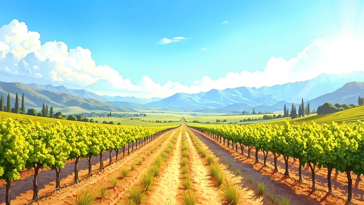 history, evolution, present and future of California wines, picturesque landscape, Vineyards, mountains, blue sky, white clouds, warm light, bright colors, realistic style, oil on canvas, 4k, Ultra detailed, artistic photography, vivid colors, bokeh