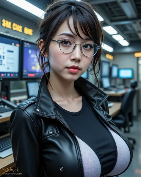 full length, lon shot, erotic cyberpunk image trending on DeviantArt, ultra detailed complex 3d rendering of a futuristic control room, large screen displays, cables, control panels, intricate background, detailed background, BREAK gorgeous young girl, ele...