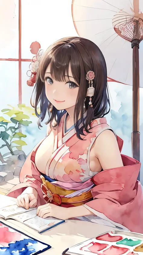 (Watercolor illustration of a japanese beautiful girl busty gravure idol in a picture book style:1.5)