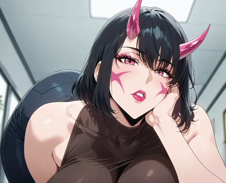 One women, short hair, black hair, pink eye, huge breasts, huge thigh, lipstick, horn face, beautiful face, 
