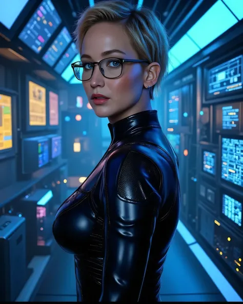 full length, lon shot, erotic cyberpunk image trending on DeviantArt, ultra detailed complex 3d rendering of a futuristic control room, large screen displays, cables, control panels, intricate background, detailed background, gorgeous young girl, elementar...