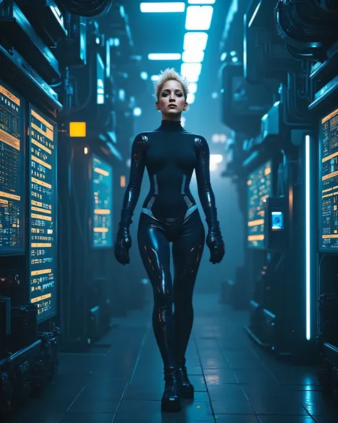 full length, lon shot, erotic cyberpunk image trending on DeviantArt, ultra detailed complex 3d rendering of a futuristic control room, large screen displays, cables, control panels, intricate background, detailed background, gorgeous young girl, elementar...
