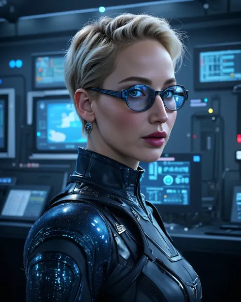 full length, lon shot, erotic cyberpunk image trending on DeviantArt, ultra detailed complex 3d rendering of a futuristic control room, large screen displays, cables, control panels, intricate background, detailed background, gorgeous young girl, elementar...