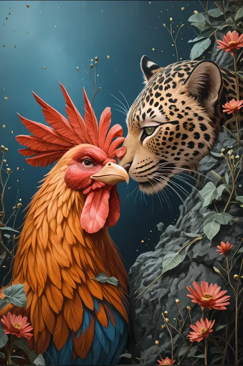 Create a work of art that represents an image that embodies the essence of the sacrifice of a rooster . There is a leopard peeking out in half a body, Expected. The two figures occupy half of the scene facing down. The upper part is a bluish background wit...