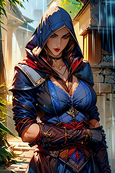 La mujer, poca ropa, botas hasta la rodilla, medias, black stockings, (((blue clothes, hood gloves,bracelet,botas altas, long coat))), (( fantasy forest, outoor, dark,night, rain, see through clothes)), muy detallado, Realistic long-term photography, 4k, p...