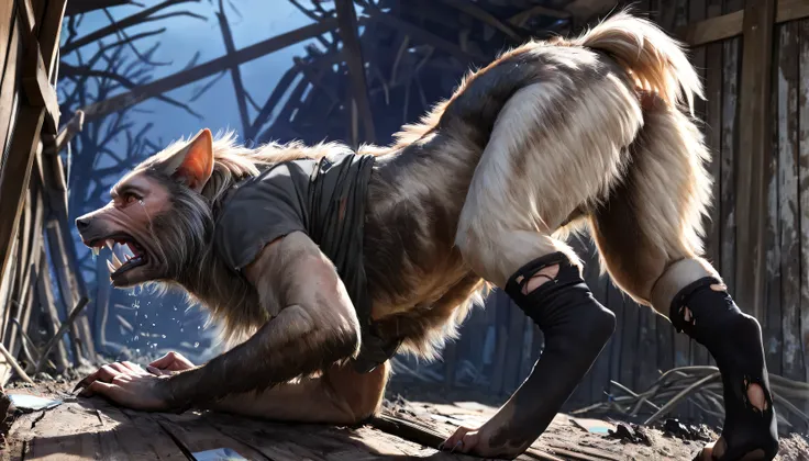 Back side, photo from behind, skin, people,  Werewolf transformation ,  Morphing ,  people, [werewolf: people:0.7], [weapon: paws:0.7], [people skin: wool: 0.5], detailed wool, gradual wool, spread, it crashes:1.1, cries, sweating, in pain:0.8,  frightened...