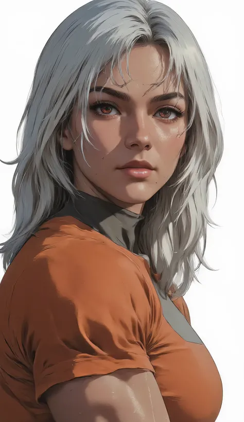 Film still woman, 25 years old lonely woman, bright red eyes with a highly saturated hue )), ((full body, whole body, from head to toe portrait)), ((((wearing casual clothes with copper and gray color))), ((white background))), ((day)) (((correct vision)))...