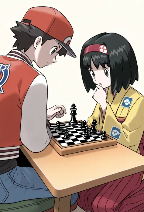 Erika_(pokemon), 1girl, Bob_cut, short_hair, black_hair, blunt_bangs, blunt_end  ,   hairband, red_  hairband, grey_eyes, eyelashes, kimono, yellow_kimono, Hakama, red_Hakama, red_(pokemon), 1boy, baseball_cap, brown_hair, red_hat, white_hat, button_Badge,...