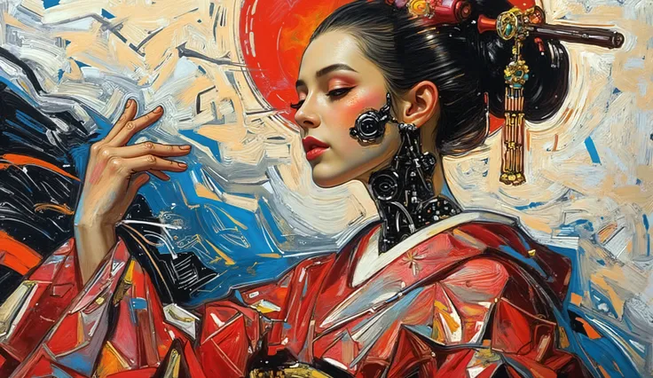 Envision an abstract portrait of a robotic geisha, composed of swirling brushstrokes and metallic textures, with glowing neon accents highlighting her cybernetic enhancements. Her flowing garments blend seamlessly into a background of circuit patterns and ...