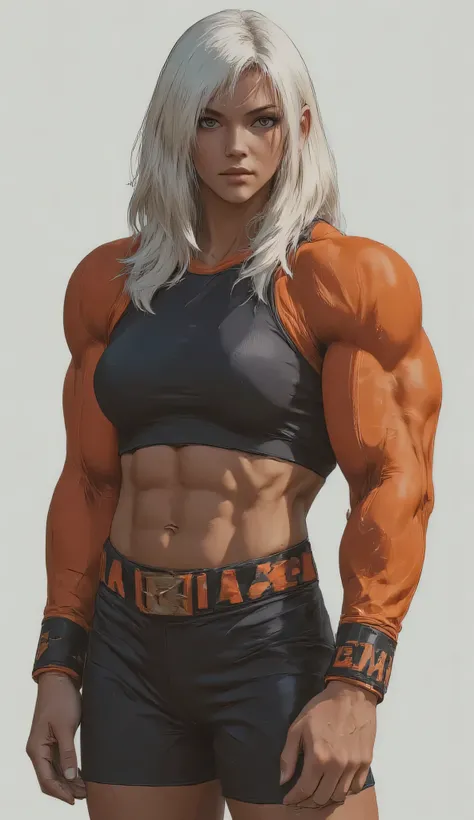 Film still woman, 25 years old lonely woman, bright red eyes with a highly saturated hue )), ((full body, whole body, from head to toe portrait)), ((((wearing casual clothes with copper and gray color))), ((white background))), ((day)) (((correct vision)))...