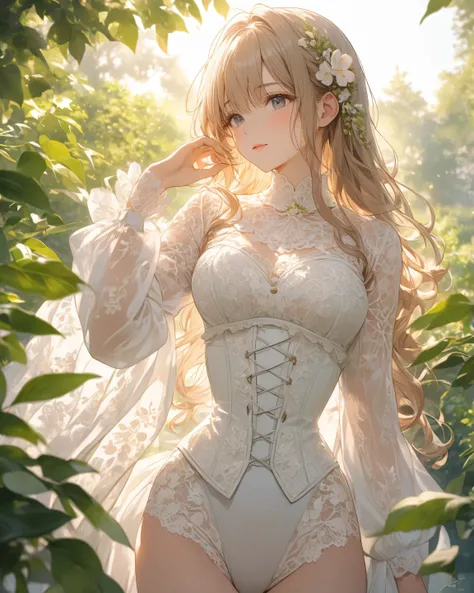 Long Wavy Hair, corolla, intricate white lace leotard, Detailed Embroidery, corset-style bodice, Long sheer sleeves, Delicate floral pattern, relaxed posture, gently layered in front, outdoor garden setting, Lush greenery, sunlight shining through the leaf...