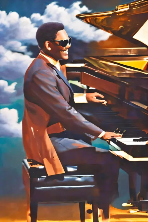 Ray Charles playing piano in the clouds with a big wide smile and put on his iconic sun glasses