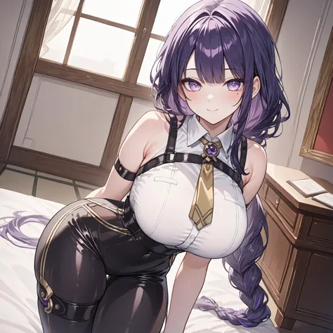 masterpiece, high quality, top quality, very aesthetic, absurd, raiden shogun, wearing evelyn costume, braid, braided ponytail, long hair, one mole, one mole under eye, purple eyes, purple hair, collared shirt , white shirt , bare shoulders , purple jewelr...