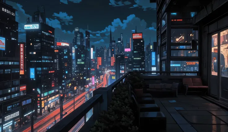 
A wide background with buildings, streets and cars in the background, a big city, the view is from a terrace, night