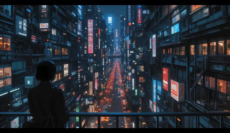 A wide background with buildings, streets and cars in the background, a big city, the view is from a terrace low view, night,