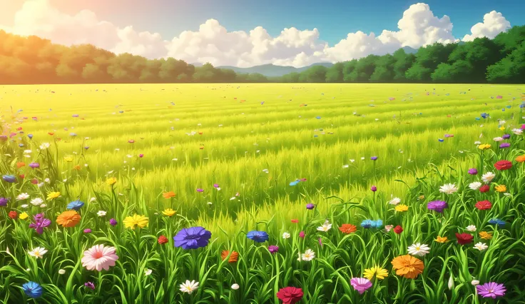 
A huge and beautiful meadow, with many flowers and grass, high view, sunny day
