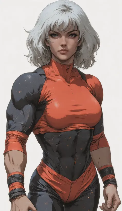 Film still woman, 25 years old lonely woman, bright red eyes with a highly saturated hue )), ((full body, whole body, from head to toe portrait)), ((((wearing casual clothes with copper and gray color))), ((white background))), ((day)) (((correct vision)))...