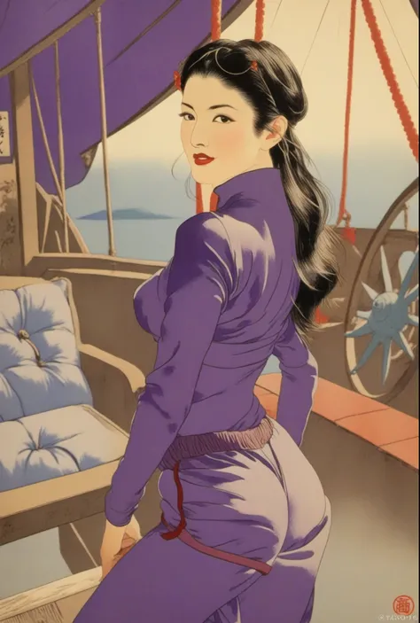 masterpiece, best quality, ukiyo-e:1.2, in hokusai style, a beautiful 20s russian model, ultra detailed face, purple