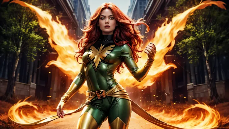 (Best Quality,4k,Altas), X-Men, Realistic, Beautiful detailed green and gold woman posing for a photo, jean grey, full body portrait, a dark phoenix, red hair and green eyes, forest background, hyper-detailed, golden belt