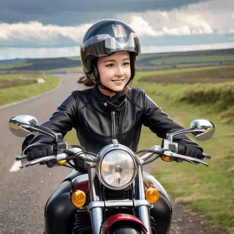 (young female rider in chrome helmet is sprinting on motorbike)、Vintage Bike、Bluff Superior SS100、Isle of Man Race、leather jumper、Cronwell Helmet、With goggles、after rain、British countryside、(best quality, masterpiece, high resolution)、8k、wallpaper