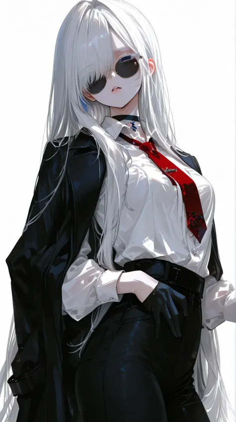 solo , black coat , single , 1girl, single ,  young girl , round sunglasses , very long hair , blue eyes , White hair , empty gaze , bangs, long hair, hair over one eye, Small Breasts , parted lips , looking at viewer, colored eyelashes, eyelashes, long ey...