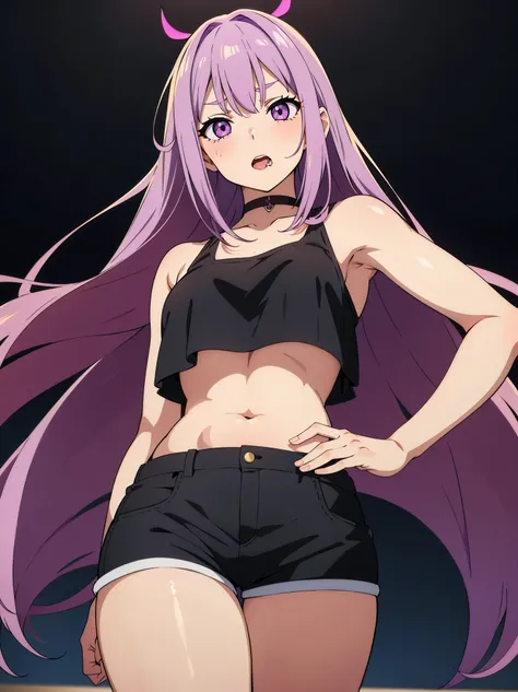 Anime, 1girl, solo, long_hair, purple_eyes, light_purple_hair, bare_shoulders, horny, horny expression, upper_body, bangs, sidelocks, anime_coloring, white crop top, black shorts, small breasts, thick thighs, what in hell is bad mc, sexy pose, blush, ahega...
