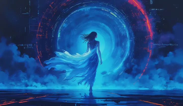 A futuristic woman walking through glowing computer circuits, her flowing illuminated dress casting soft light in a dark digital space. The scene is painted in deep shades of Lapis Lazuli, Oxford Blue, and Turquoise, with swirling data, equations, and comm...
