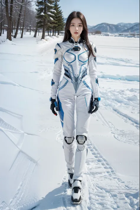 1 girl, Lovely, Ice and Snow World, alone, skinny, wind, Mecha suit, whole body, pretty face, Decorated with intricate patterns and delicate lines, Mecha suit,