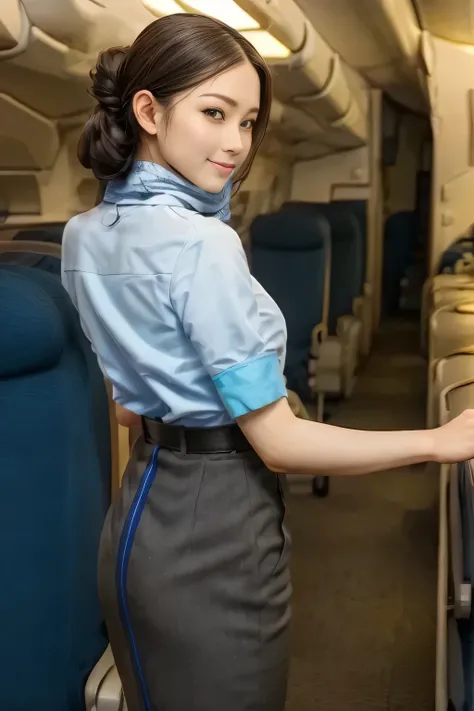 (masterpiece:1.2, best quality:1.2), 32kHDR, high image quality 。 perfect for loosely aligning your legs , (alone、 1 girl)、( daytime building rooftop 、 Professional Writing )、 against the roof of a building 、(ANA Flight Attendant Uniform Blue Wear 、...