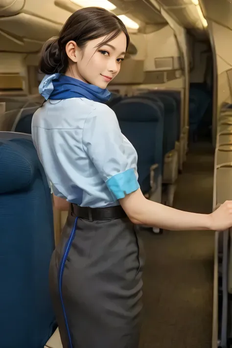 (masterpiece:1.2, best quality:1.2), 32kHDR, high image quality 。 perfect for loosely aligning your legs , (alone、 1 girl)、( daytime building rooftop 、 Professional Writing )、 against the roof of a building 、(ANA Flight Attendant Uniform Blue Wear 、...