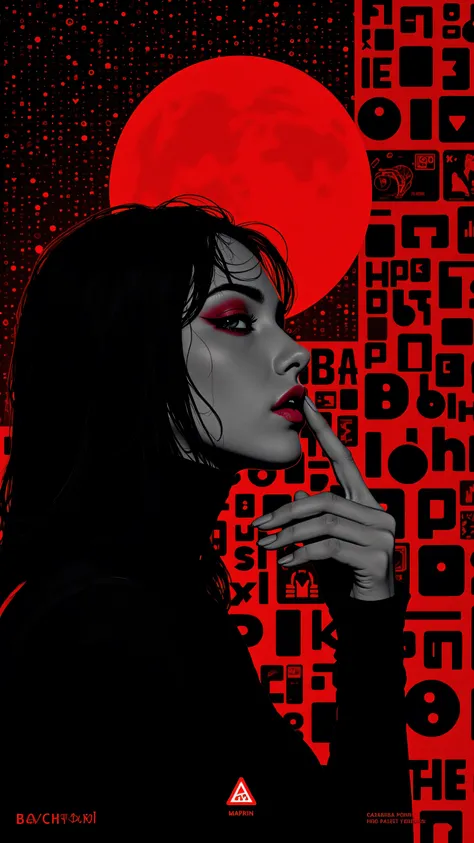 cyberized Bauhaus poster、profile of a gothic woman looking at me with one eye open、Eye-focused advertising poster、She's putting her finger on her mouth、finger shapes and background patterns、ultra high definition digital art with dot characters on backgroun...