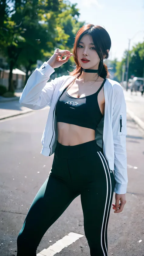 (masterpiece),best quality,amazing quality,beautiful face,((perfect assets)), (opened sweat jacket), best quality, expressive eyes, perfect face, reze, short hair, black hair, abs, Russian Kazakhstan girl, knife holster, leggings training track long pants,...