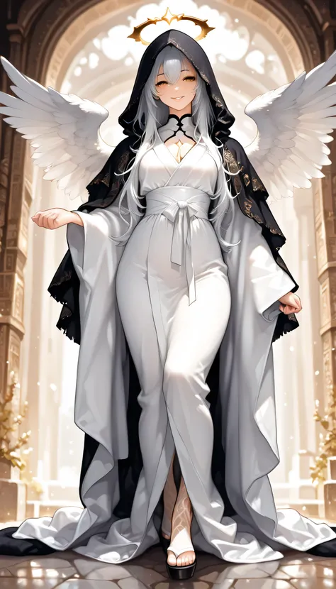 (masterpiece,best quality),White robe, Black Hood,arch angel,Porcelain skin,Thin face,Thin lips,White Lips, golden eyes, fallen angel,Long white hair blowing in the wind,Hair between the eyes, seductive,Captivating, flawless,Symmetrical, light darkness,(An...