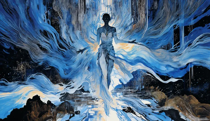 A futuristic woman walking through glowing computer circuits, her flowing illuminated dress casting soft light in a dark digital space. The scene is painted in deep shades of Lapis Lazuli, Oxford Blue, and Turquoise, with swirling data, equations, and comm...