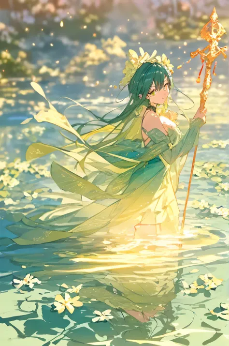 masterpiece, best quality,  Year 2024 , newest, high resolution, abyss dress, illustrations, ( Inverted Reflections :1.2), In the water, (:1.1), Seaweed, light, caustics, blue theme, Green Theme, Suspended particles, (Glowing Plants:0.8),  bioluminescence ...