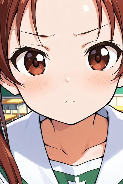 kadotani anzu,ooarai school uniform,black tie,classroom,face focus,front view,looking at viewer,