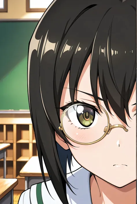 kawashima momo,monocle,ooarai school uniform,black tie,classroom,face focus,front view,looking at viewer,