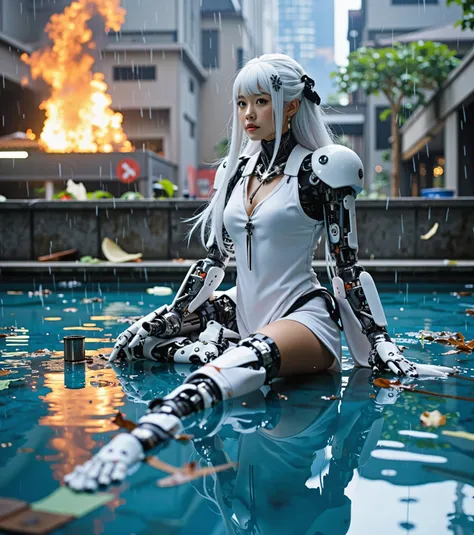 
A beautiful Asian woman with long white hair, robotic arms and legs, dressed in a dirty white top, is lying on a large pool of water as rain, debris and fire fall all around in a futuristic environment. . Masterpiece, The best quality, amazing quality, ve...