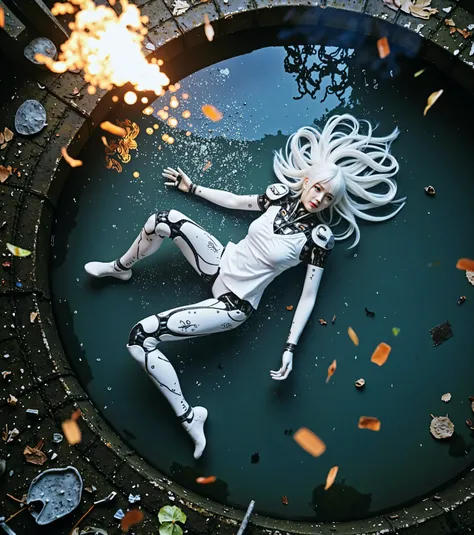 
A beautiful Asian woman with long white hair, robotic arms and legs, dressed in a dirty white top, is lying on a large pool of water as rain, debris and fire fall all around in a futuristic environment., Top angle view. Masterpiece, The best quality, amaz...